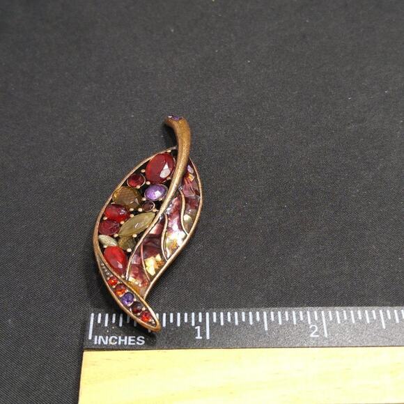 Vintage Liz Claiborne Leaf Rhinestone Brooch, Red Rhinestones, Copper, 2 7/8" - Picture 6 of 8